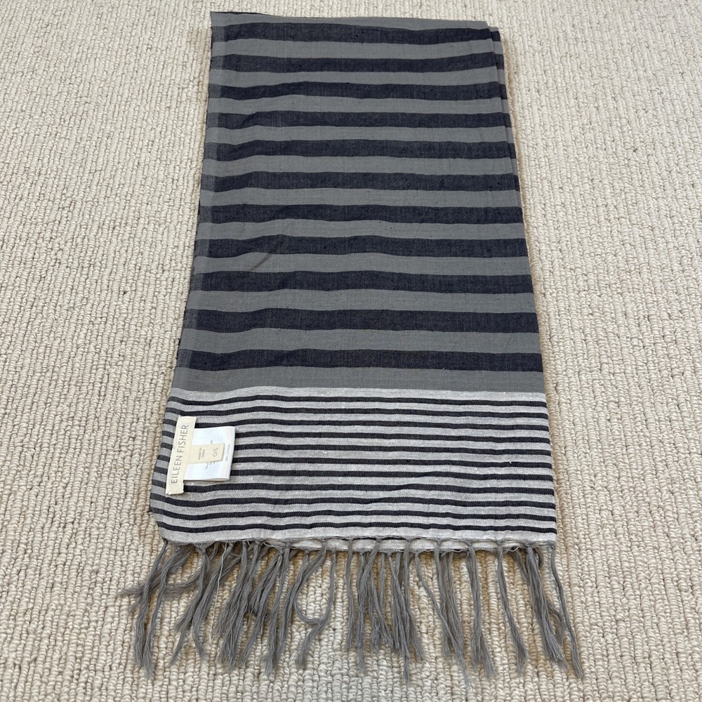EILEEN FISHER  Cotton Striped Scarf Fringed Gray Black 17x68